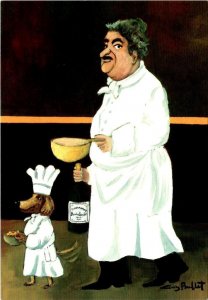 Food Art CHEF WITH SOUS CHEF/Dog In Apron~Hat GUY BUFFET Artist 4X6 Postcard