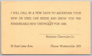 Watsonville California 1939 Ad Postcard Moriarty Chevrolet Car Dealership