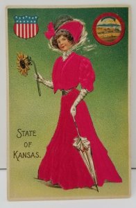 KANSAS STATE GIRL PATRIOTIC SILK STATE SEAL POSTCARD C2