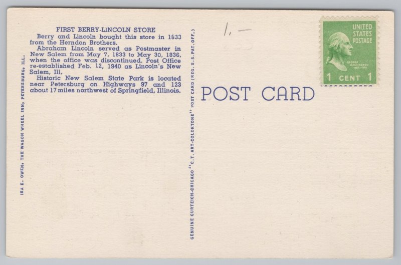National & State Parks~Lincoln's New Salem Illinois~First Store~Linen Postcard