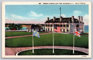 New York~Old Fort Niagara~French Castle Bldg~Flags Waving~1940s Linen Postcard