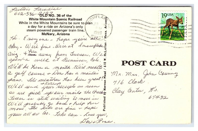 Old No. 36 White Mountain Scenic Railroad McNary Arizona c1993 Postcard