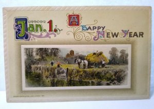 New Year Postcard Jan 1 John Winsch Horses Buggy Hay Stacks 1911 Germany Unused