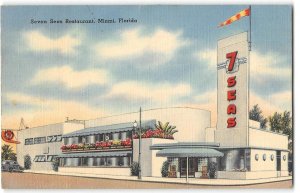 Miami, Florida SEVEN SEAS RESTAURANT Roadside Art Deco 1942 Linen Postcard