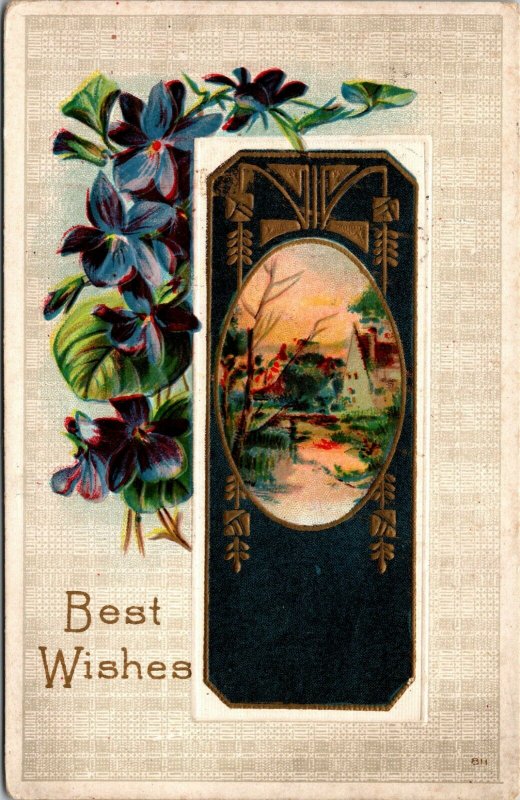 Vintage Best Wishes Postcards - Farm Scene - FLOWERS - POSTMARK XMAS STAMP RARE