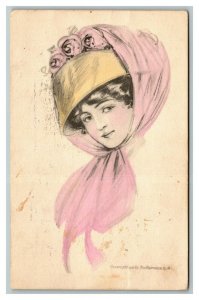 Vintage 1912 Fine Art Postcard Women in Large Gold Hat Pink Roses Beautiful