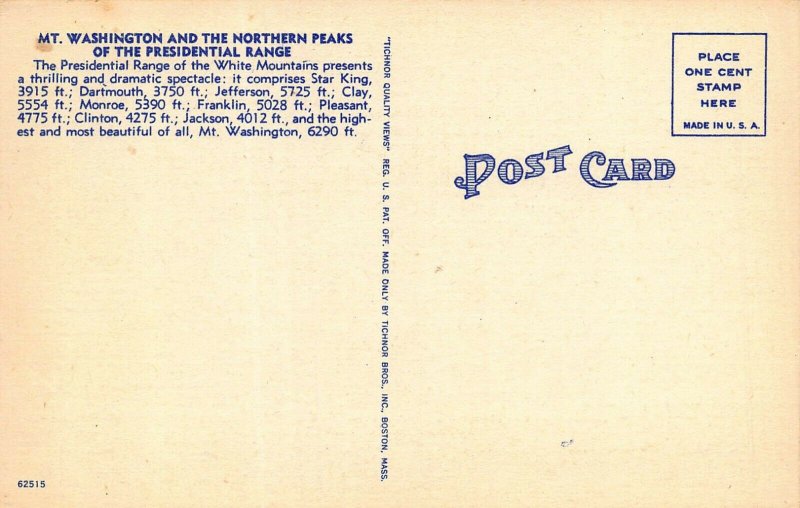 MT WASHINGTON & NORTHERN PEAKS~PRESIDENTIAL RANGE WHITE MOUNTAINS NH POSTCARD