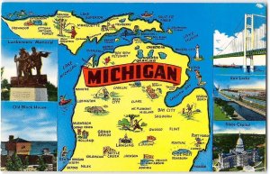 MICHIGAN State Map Lake Superior Capitol Pontiac Detroit Owosso 1950s Postcard