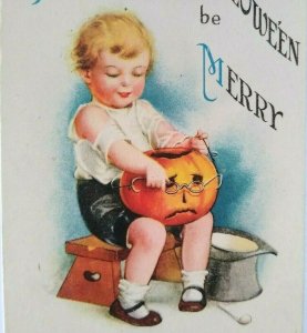 Vintage Halloween Postcard Ellen Clapsaddle Wolf 21 Girl Puts Glasses On Pumpkin 