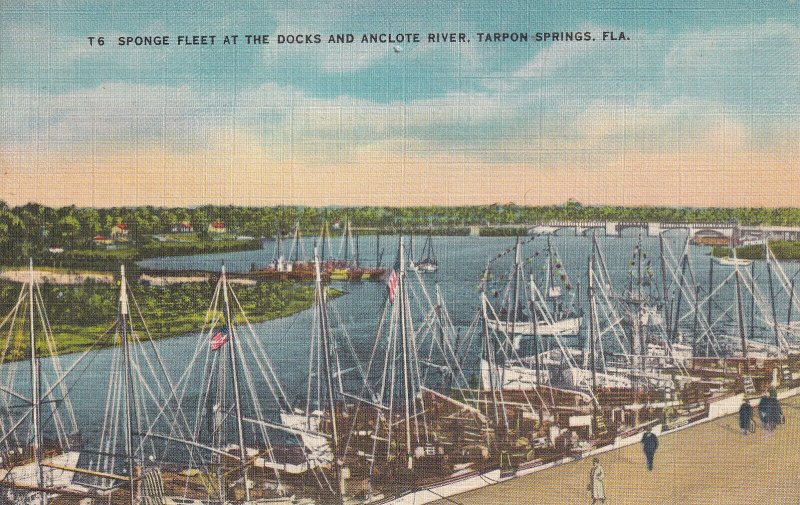 TARPON-SPRINGS, Florida, 1930-1940s; Sponge Fleet At The Docks And Anclote River