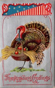Patriotic Thanksgiving PC Turkey Holding a Basket Filled with Wheat and Fruit