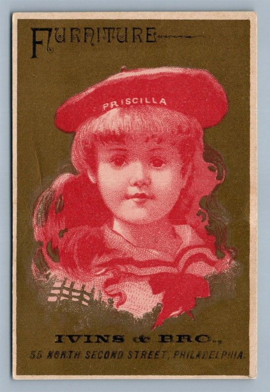 PHILADELPHIA PA ANTIQUE VICTORIAN TRADE CARD FURNITURE IRVING & BRO. ADVERTISING