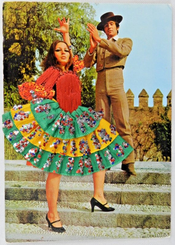 Embroidered Green & Yellow Dress Spanish Dancers Barcelona - Vintage Postcard