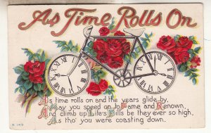 P3292 1912 postcard bicycle clocks for wheels roses as time rolls on