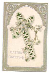 Vintage Easter Postcard Embossed Cross with White Violets Silver Gilt IAP