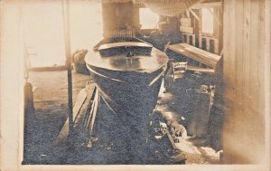 WOOD MOTOR BOAT BEING BUILT~1910s REAL PHOTO POSTCARD