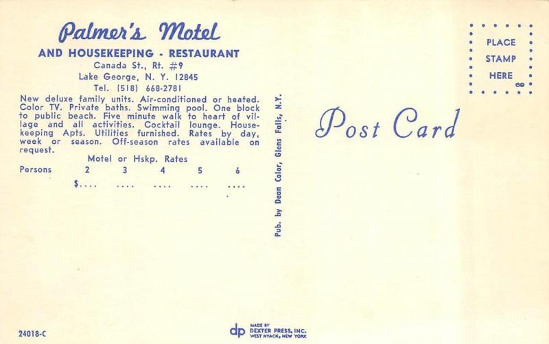 LAKE GEORGE, NY New York    PALMER'S MOTEL~Pool    Roadside Chrome Postcard