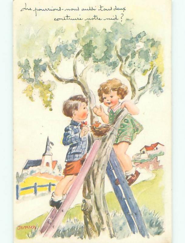 Pre-Linen foreign signed CUTE FRENCH GIRL AT BIRD NEST WITH BOY k6734