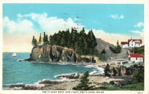 Vintage Postcard 1940 Owl's Head Rock And Light Maine American Art Pub.