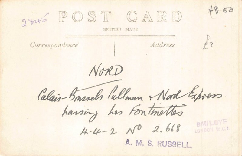 France Calais Brussels Pullman Nord Express Steam Train RPPC postcard C321