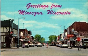 Postcard WI Minocqua Street View Belle Isle Hotel & Bar Liquor Store 1968 V169