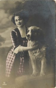 Hand Colored RPPC Postcard Woman With Pyrenean Mastiff Dog GG 1089