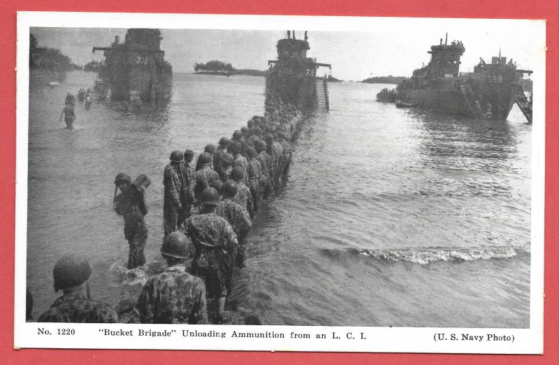 Naval Ships - #1220 - Bucket Brigade Unloading Ammunition from an LCI