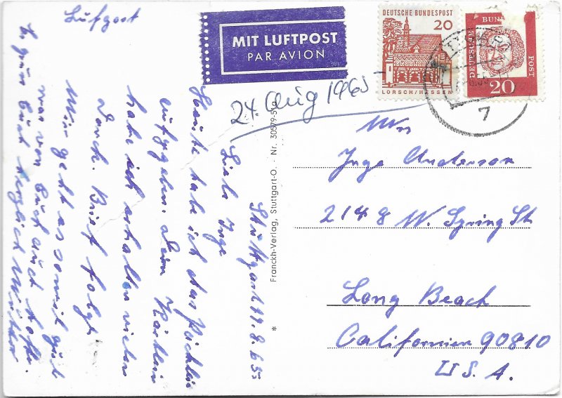 Stuttgart Germany. Neues Schloss.   Used with stamps