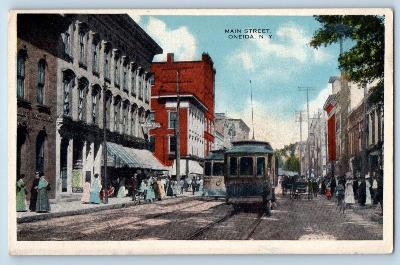 Oneida New York Postcard Main Street Buildings Streetcars Railroad 1920 Unposted