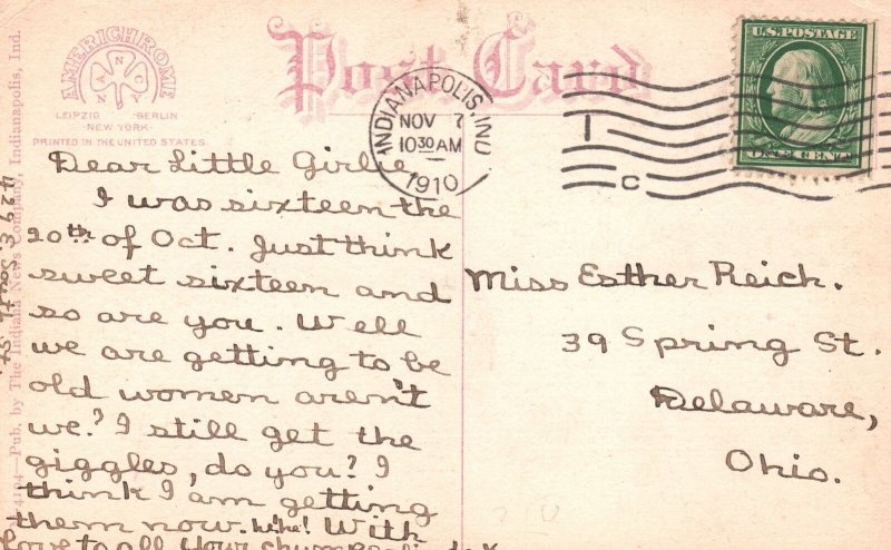 1910's Post Office Building Library & Monument Indianapolis IN Posted Postcard