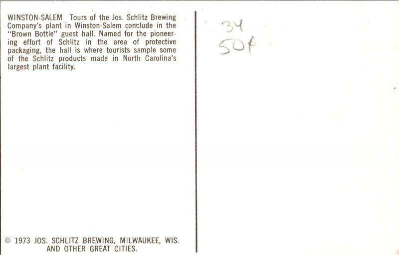 Brown Bottle Guest Hall, Schlitz Brewing Winston-Salem NC Vintage Postcard L68