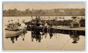 c1910 Lake Boating Children Overalls Girl Boy Fishing Hotel RPPC Photo Postcard 