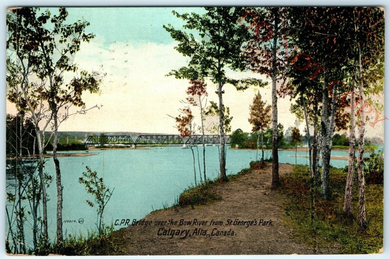 c1910s Calgary, Alta Canada Pacific Railway Bridge Litho Bow River St George A22