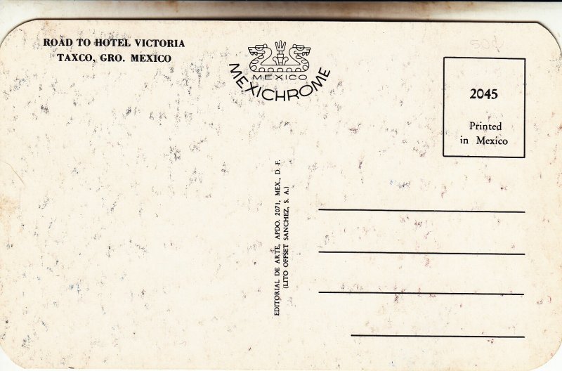 P1956 vintage postcard birds eye viewroad to hotel victoria taxco gro mexco