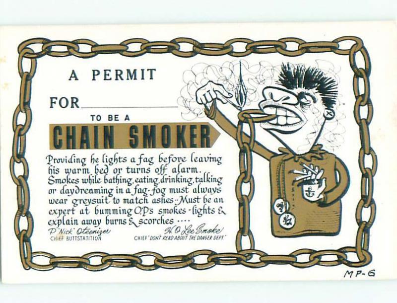 Unused Pre-1980 comic CHAIN SMOKER - TOBACCO HUMOR k3423