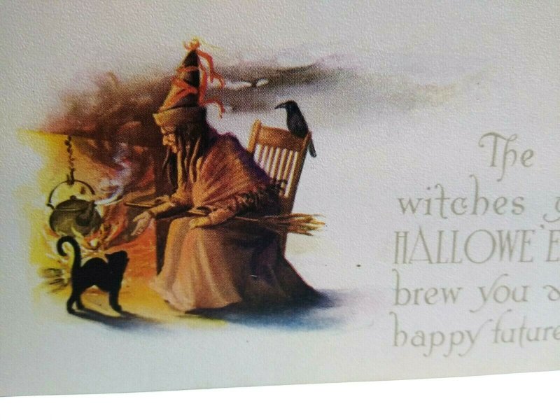 Vintage Halloween Postcard Witch Crow Cauldron Black Cat Gibson Unused Original