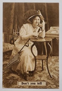 Edwardian Gossip Woman Telephone Don't You Tell & Checkered Parasol Postcard S21