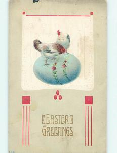 Unused Divided-Back Easter CHICKENS ON GIANT BLUE EGG o6707