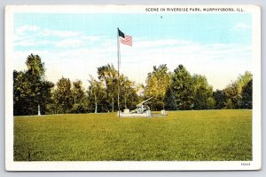 Murphysboro Illinois~Riverside Park~WWI German Field Cannon~US Flag~1935 Linen