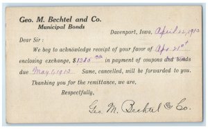 1913 Geo M. Bechtel and Co. Municipal Bonds Davenport IA Antique Postal Card