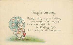 1920s Child's Birthday Postcard; White Cat w Blue Parasol is coming to Call 1338