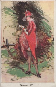 Damn It Sexy Lady Red Coat Suspenders Whip Effect Old Postcard