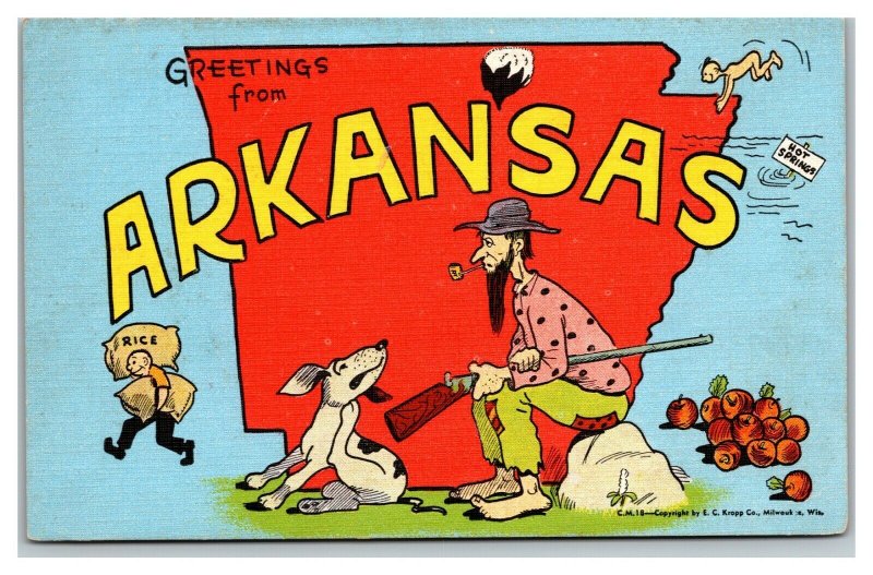 Vintage 1940's Postcard Greetings From Arkansas - Hunting Dog & Hillbilly Funny