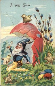 Easter Fantasy Gnome Elf with Pipe Under Eggshell Vintage Postcard