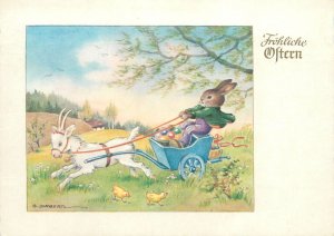 Postcard G. LAMBERT signed rabbit family humanized pipe Easter egg goat carriage