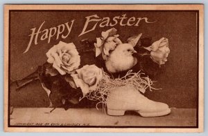 Happy Easter, Chick Nested In Shoe, Roses, Antique 1909 Sepia Greetings Postcard