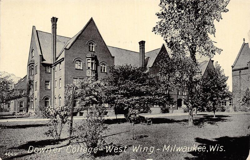 Milwaukee Wisconsin~Downer College West Wing~Trees-Bench-Bushes in Yard~c1910 Pc