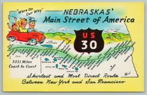 Nebraska~Map On US 30~Main Street To America~Vintage Postcard