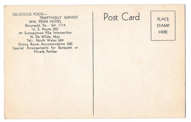 PA Gwynedd Wm Penn Hotel Dining Room Ballroom Postcard