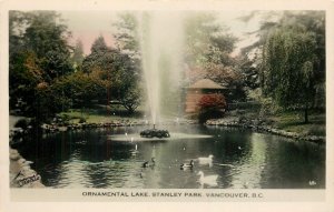 Vancouver BC~Fountain in Ornamental Lake~Ducks~Stanley Park~Colorized RPPC~1950s